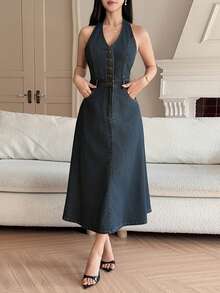 DAZY Đầm denim không tay dáng rộng có túi dành cho nữ, thích hợp cho mùa hè. - Rửa trung bình - Xem 7