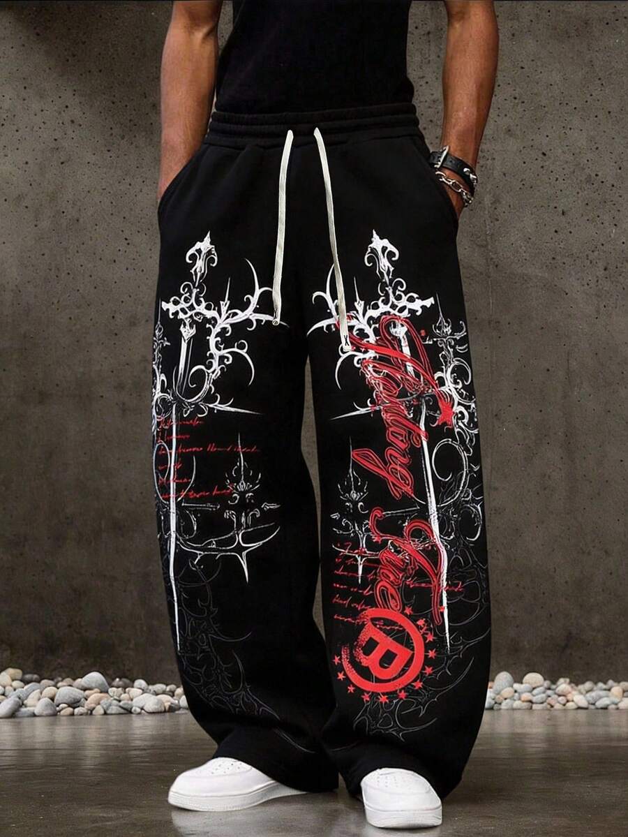 ROMWE MEN Goth 男士十字印花抽绳腰带运动裤 - 黑色 - 查看 1