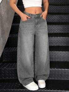 SHEIN Women's Casual Loose Fit Pocket Button Denim Jeans - Grey - View 3