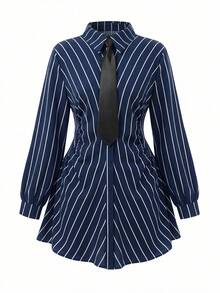 Elenzga Plus Size Elegant Striped Waist Ruched Shirt Dress - Navy Blue - View 5