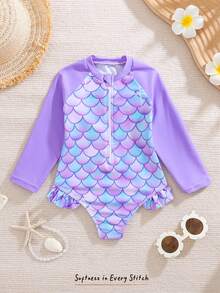 Cozy Pixies Traje de baño de una pieza con estampado de escamas de sirena, mangas raglán y volantes para bebé niña - Rosa - Ver 9