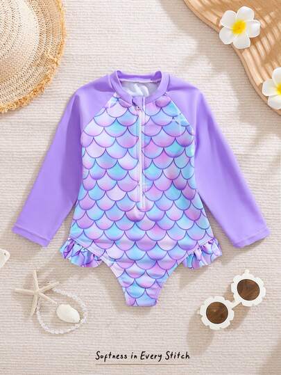 Cozy Pixies Traje de baño de una pieza con estampado de escamas de sirena, mangas raglán y volantes para bebé niña