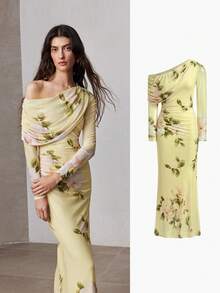 ZEYLAH Printed Fitted Bodycon Asymmetric Shoulder Dress, Spring - Yellow - View 7