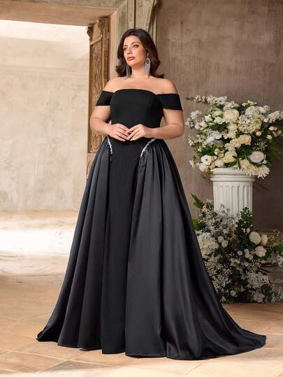 Aureia 大码优雅黑色针织拼接缎面胸衣巴斯克腰身撞色白色奢华串珠缎带垂袖超大A字裙摆可调节系带露背连衣裙，适合约会、派对、婚礼、度假、返校、正式场合等各种场合。