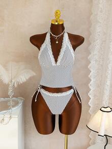 Swim Mod 女士沙滩音乐波点蕾丝边系带吊带泳衣套装，可爱风格，春夏款 - 彩色 - 查看 5