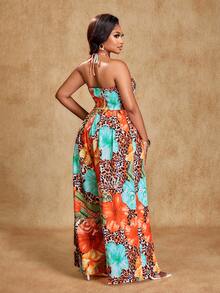 Brilight Women's Elegant Party Wear, Sexy, Casual, Vacation, Beach, Music Festival, Thanksgiving, Easter, Sunbathing, Stretchy Ruched Criss-Cross Halter Neck Jumpsuit, Loose Fit With Side Slits, Irregular Pattern Print, Sleeveless Long Jumpsuit. - Multicolor - View 2