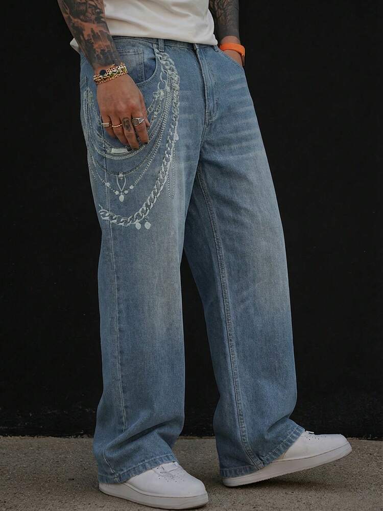 Vintage Wash Decorative Chain Print Long Blue Men's Denim Jeans, Spring