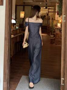 DAZY Women's Fashionable Linen Off-Shoulder Top And Wide-Leg Pants Set - Blue - View 7