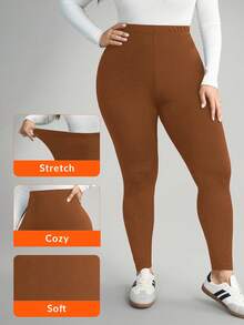 Comfylo Plus Size Women Casual Solid High Waist Leggings - Brown - View 3