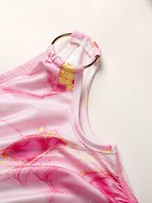 SHEIN Tween Girls' Fitted Off Shoulder Floral Print Snug Fit Slit Maxi Knit Dress - Pink - View 4