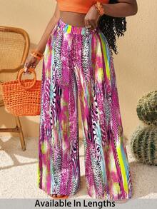 SHEIN PETITE CURVE Quần ống rộng in họa tiết toàn thân, cỡ lớn, thích hợp cho kỳ nghỉ. - Màu tím - Xem 1