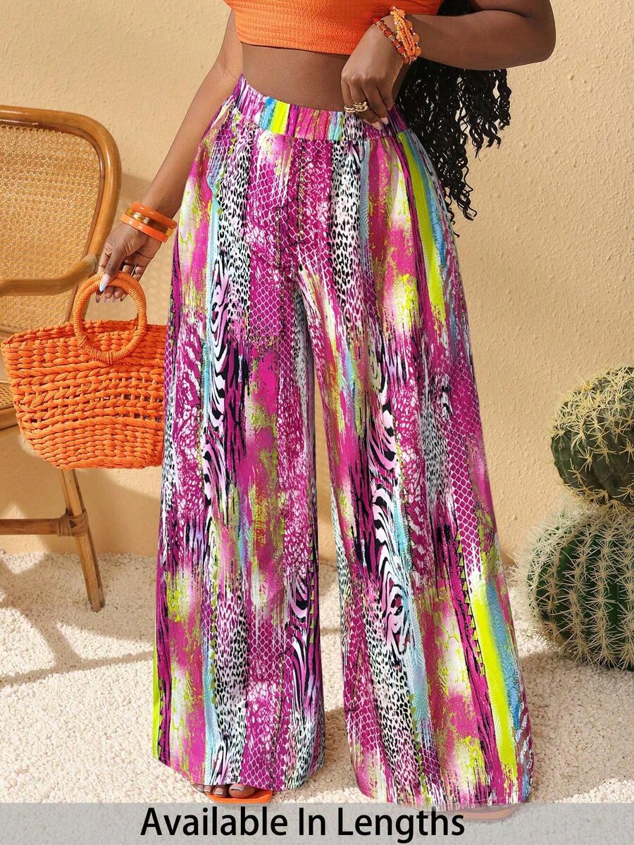 SHEIN PETITE CURVE Quần ống rộng in họa tiết toàn thân, cỡ lớn, thích hợp cho kỳ nghỉ. - Màu tím - Xem 1