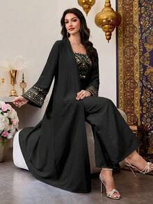 Al Najma Middle Eastern Arabic Style Light Blue Sequin Patchwork Jumpsuit Set With Jacket, Traditional Long Robe - Black - View 5