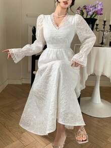 DAZY Women's Elegant Lace Patchwork V-Neck Puff Sleeve Dress, Spring/Summer - Beige - View 7