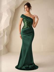 Coutiva 女士优雅亮片拼接荷叶边腰部正式晚礼服 - 墨綠色 - 查看 7