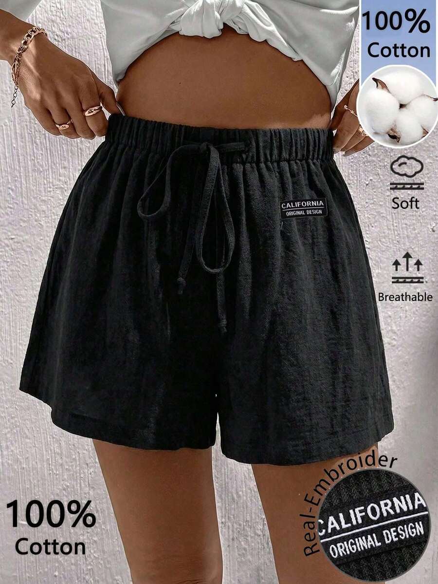 Easowa 女士休闲100%纯棉梭织字母贴花印花短裤,适合春夏度假、外出、居家穿着、嘉年华、时尚、健身、海滩、派对、音乐节等场合。 - 黑色 - 查看 1