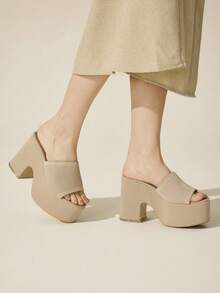 CUCCOO BASICS Sandal Selop Hak Steak Terbuka untuk Wanita, Bernapas, Cocok untuk Pesta Musim Semi/Panas, Hak Tinggi, Hitam, Natal - Aprikot 1 - View 4