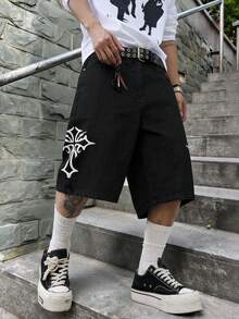 ROMWE MEN Street Life Men's Casual Fashion Cross Pattern Jeans With Belt Loops - Black - View 1