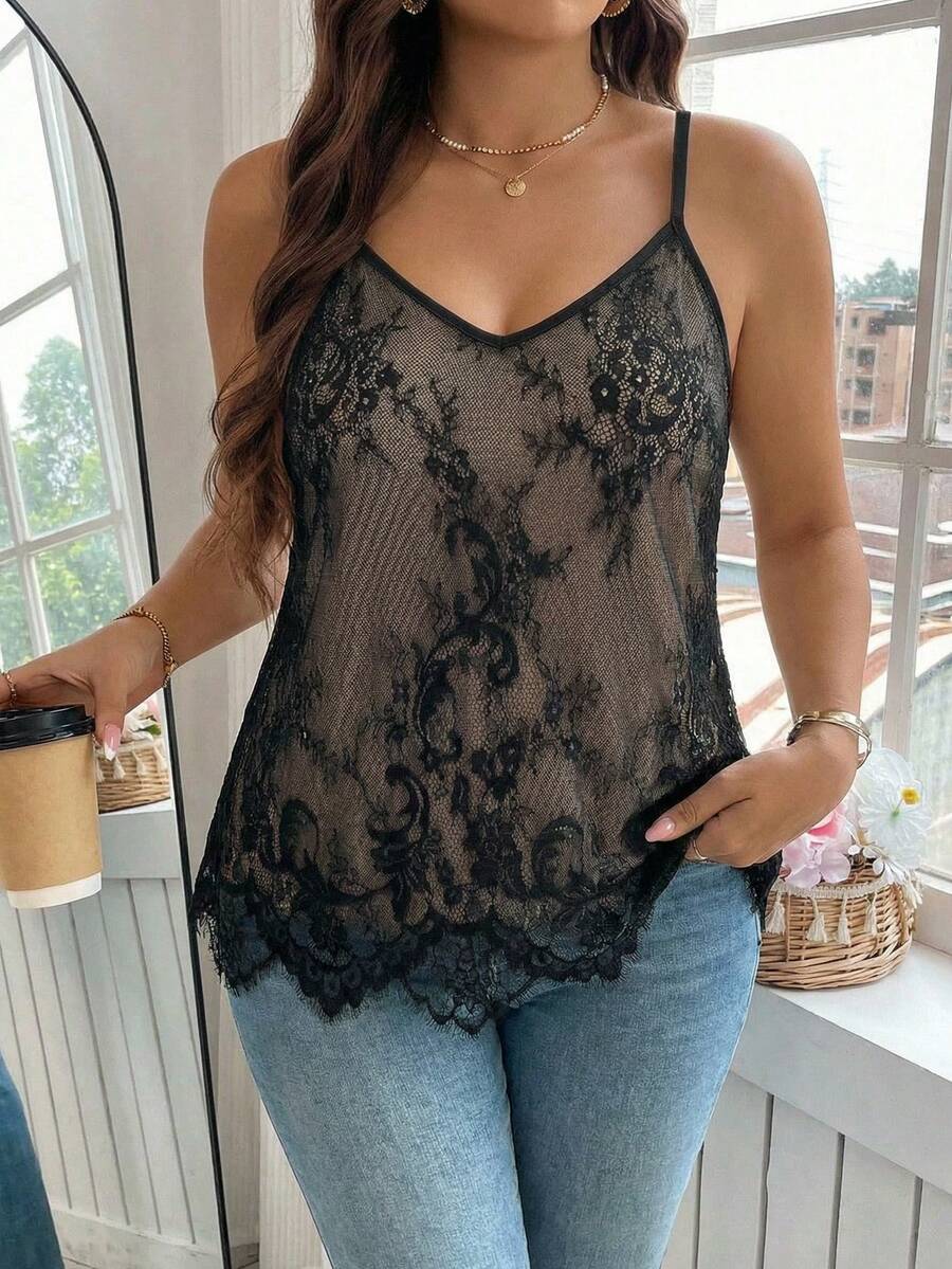 Reflora Camiseta de encaje floral de verano informal para mujer de talla grande - Negro - Ver 1