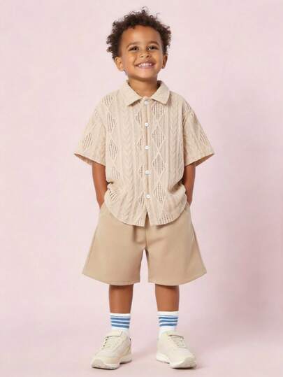 儿童/男童休闲舒适条纹翻领开襟短袖宽松梭织衬衫，适合日常穿着，可用于学校、花园、海滩、生日等场合，春、夏、秋、冬皆宜。