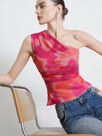 Aveloria Modichic Blusa sin mangas con cuello asimétrico y estampado floral efecto tie-dye, nueva llegada de moda para primavera/verano