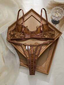 2pcs Mesh Embroidery Women's Lingerie Set - Coffee Brown - View 2