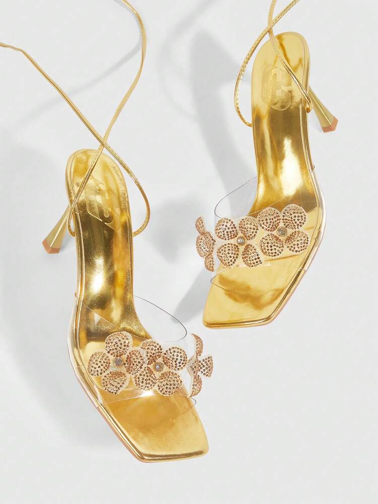 CUCCOO SZL Women's Rhinestone Floral Design Square Toe Stiletto High Heel Sandals, Sexy Elegant Dress Shoes For Date, Afternoon Tea, Party, Wedding