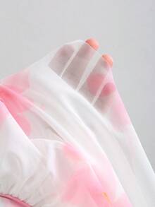 Sweetra 粉色百合花卉网纱印花抹胸露背荷叶边收腰修身迷你连衣裙，女士春夏度假海滩优雅甜美可爱浪漫休闲日常百搭款 - 粉色 - 查看 7