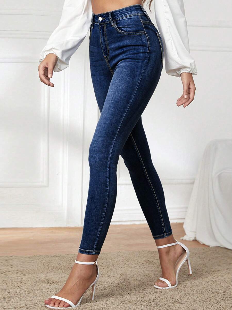EMERY ROSE Casual Washed High Waist Slim Fit Jeans - Dark Wash - View 1