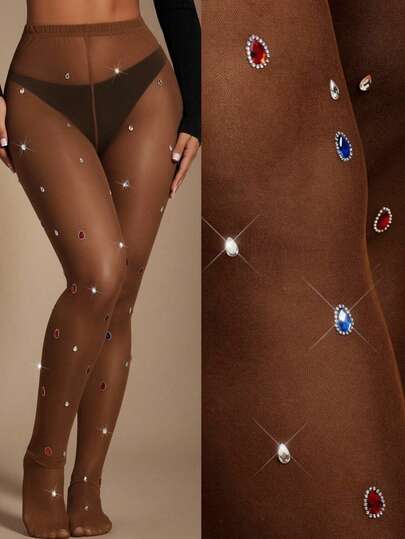 Radiana 女士优雅奢华黑色基础款手工水晶装饰透视打底裤，网眼踩脚裤，闪耀迷人的水晶网眼面料打底裤，适合日常穿着、约会、聚会、派对、俱乐部、夜店等场合，弹力面料贴合身形，易于搭配