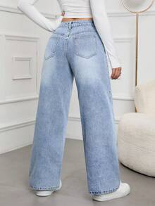 SHEIN Tall Women's Fashionable Casual Washed Metallic Denim Jeans, Autumn - Blue - View 2