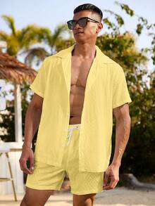 Palasendo Men's Solid Color Button Front Short Sleeve Top And Drawstring Waist Shorts Beach Outfit - Yellow - View 5