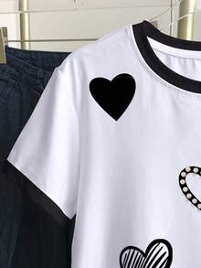 Resyla Women's Color Block Heart Print Round Neck Short Sleeve T-Shirt - White - View 4