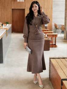 Women's Casual Collared Metal Button Waist Top And Skirt 2 Pieces Set - Coffee Brown - View 2