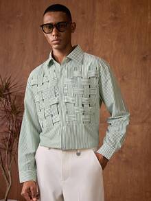 Business Casual Áo sơ mi nam kẻ sọc dệt kim kiểu dáng thường ngày, thích hợp cho việc đi làm. - xanh quân đội - Xem 7