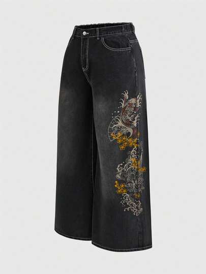 ROMWE Plus Size Vintage Washed New Chinese Style Carp Embroidery Wide Leg Jeans
