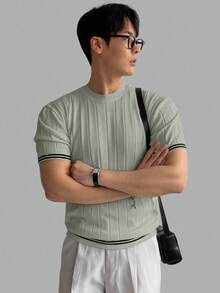 DAZY Camiseta de punto de cuello redondo de manga corta de unicolor de verano para hombre, versátil - Neblina azul - Ver 2