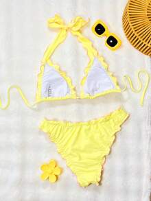 Bonvoyette-D Women Yellow Summer Casual Holiday Vacation Ruffle Trim Contrast Starfish Pendant Drawstring Tie Front Deep V Backless Bikini Set - Yellow - View 2