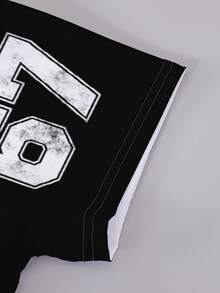 SHEIN Explorewe 一套青少年男童休闲酷炫运动风黑白字母“67”及老鹰印花短袖T恤和短裤套装，夏季 - 彩色 - 查看 4