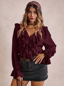 Freevana Blusa elegante de talla grande con volantes en unicolor - Rojo violeta - Ver 6