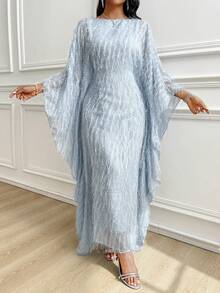 SHEIN Lady CURVE 大码女式纯色圆领蝙蝠袖宽松时尚连衣裙 - 藍色 - 查看 6