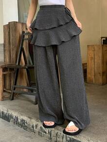 FRIFUL Women's Loose Flared Leg Pants With Layered Ruffle Hem Design - Grey - View 6