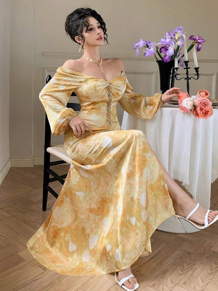 Spring/Summer Shiny Sequin & Ditsy Floral Maxi Dress, Elegant Fit & Flare Silhouette, High Slit, Long Sleeve, Suitable For Valentine's Day, Wedding, Party, Formal Occasion Sundress