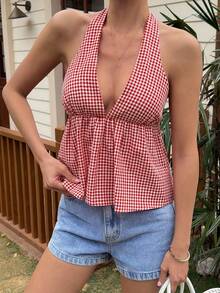 DAZY Beach Party Holiday Outfit Summer Cotton Red Plaid Halter Neck Cinched Waist Tank Top For Women - Red - View 3