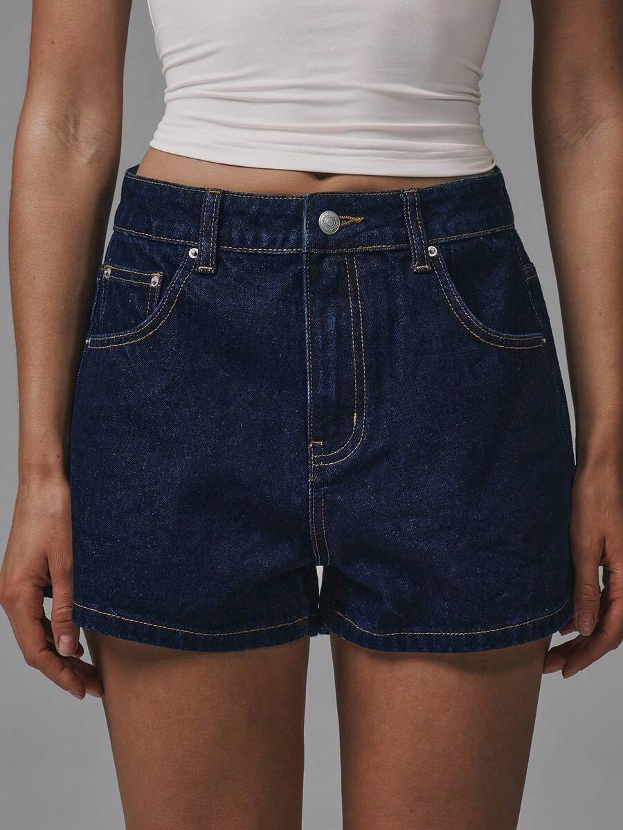 MUSERA Quần short denim cạp trung cổ cổ điển, cơ bản cho mùa thu, phong cách đường phố dễ thương, đi chơi, thường ngày, denim cơ bản cho mùa xuân và mùa hè. - Màu xanh hải quân - Xem 1