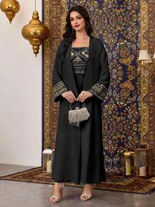 Al Najma Middle Eastern Arabic Style Light Blue Sequin Patchwork Jumpsuit Set With Jacket, Traditional Long Robe - Black - View 7