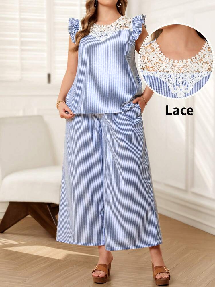 Plus Size Women  Blue Contrast Lace Striped Cap Sleeve Shirt And Wide Leg Pants 2 Pieces Set Women Summer 2 Pieces Sets Summer Pant Set Summer Outfit For Women Beach Vacation Outfits Lace 2 Piece Set