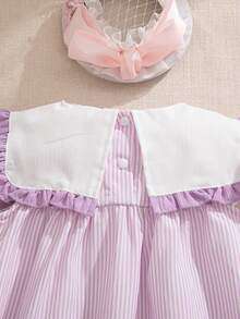 Souflis Souflis Baby Girl Striped Print Frill Trim Dual Pocket Dress - Purple - View 7