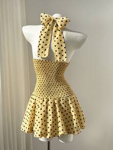 Elamini Đầm ngắn chấm bi đen trắng cổ yếm, lưng hở, xẻ eo, viền bèo nhún, kiểu dáng thanh lịch, lãng mạn, thường ngày, thích hợp cho kỳ nghỉ, tiệc bãi biển. - Màu vàng - Xem 2