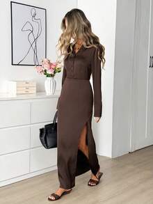 Easowa 长袖衬衫裙，领口，纽扣半开襟，高开衩，收腰设计，A字廓形，缎面面料，优雅百搭，适合派对、休闲、工作等场合，秋冬季女士经典服饰。女士奢华连衣裙，优雅女装，时尚女装，休闲女装，长袖连衣裙，女士职业装，棕色连衣裙，优雅女装，长袖纽扣连衣裙 - 巧克力棕 - 查看 5